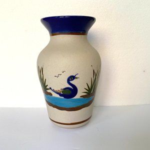 Vintage Mexican Tonala Pottery Vase Hand Painted Duck Stoneware Signed 8.5''